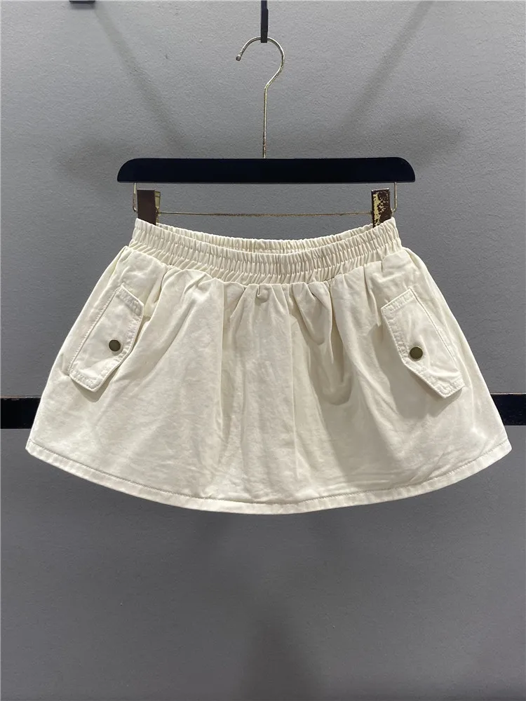 Casual High Waist A-Line  Skirt Women's Denim Skirt Elastic Waist Loose Slimming Short Skirt Beige Spring Summer