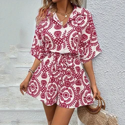 Fashion 2024 Women's Short Jumpsuit Printed V-neck Button up Bat Sleeves Casual Shirt and Short Jumpsuit