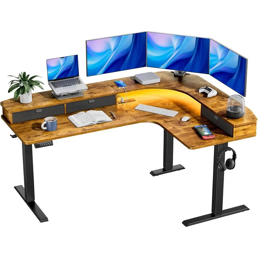 

Vintage Brown Electric Sit-Stand Desk with 3 Drawers, Power Outlets, and LED Lighting