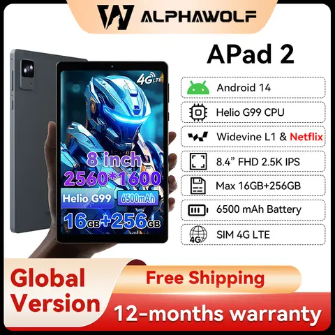 Alphawolf APad2 태블릿 8 인치 16+256GB 2560*1600 2.5K FHD G99 CPU SIM 4G LTE Android14 태블릿 Widevine L1 6500mAh 8+16MP 카메라