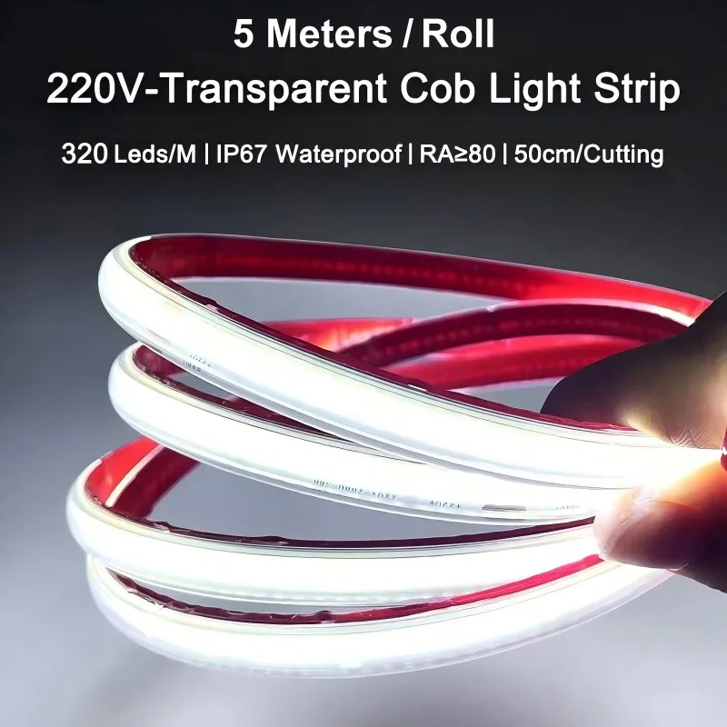 

5M/Roll Outdoor 320leds/m IP67 8mm 220V Cob Led Strip High Brightness Flexible Cutting Self-Adhesive Led Strip Light