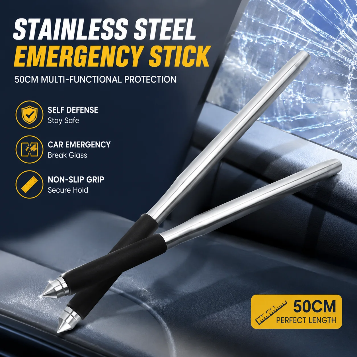 Stainless Steel Baseball Bat 50cm, Multi-Functional Car Emergency Stick with Non-Slip PP Cotton Grip, Self Defense Tool