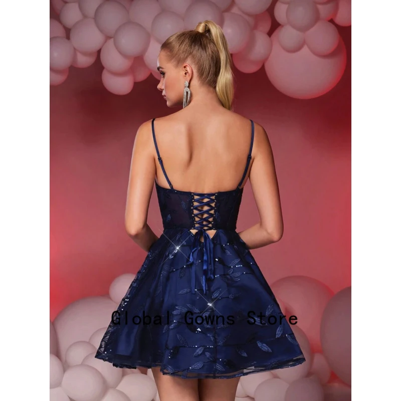 A Line Sequin Embroidery Spaghetti Strap Homecoming Dresses Short Backless Prom Dresses Sparkly Cocktail Ball Gown Customized