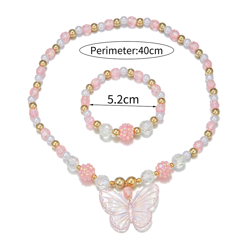 2Pcs/set Pink Butterfly Charm Necklace Bracelet Princess Girl Jewelry Set for Daughter Niece Best Party Birthday Gifts