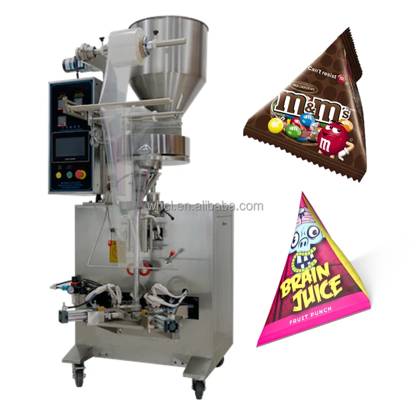 Máquina automática de bolsitas triangulares para aperitivos, patatas fritas de corneta, copos de maíz, granos de Chocolate, bolsas de gránulos, papel plástico