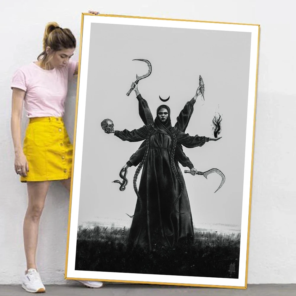 

Black And White Art Goddess Mara Poster Prints For Living Room Decor Gothic Mysterious Folk Legends Art Canvas Painting Wall Art