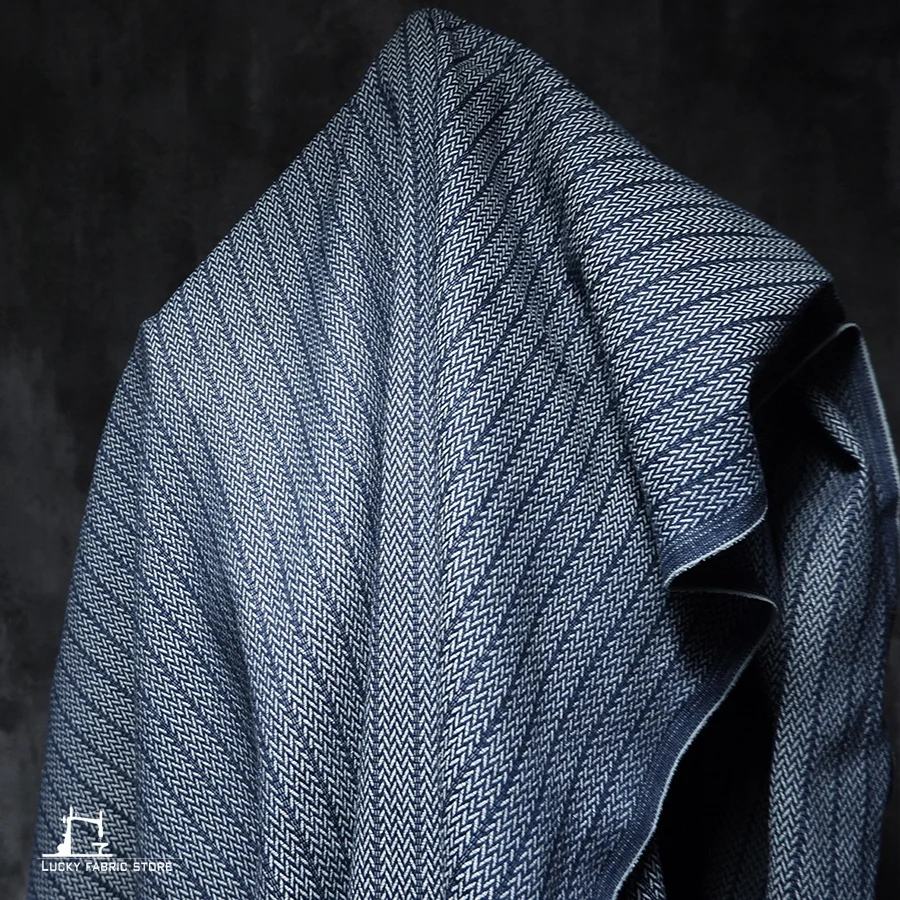 Blue yarn-dyed herringbone jacquard denim twill pattern washed DIY handmade cloth texture designer fabric