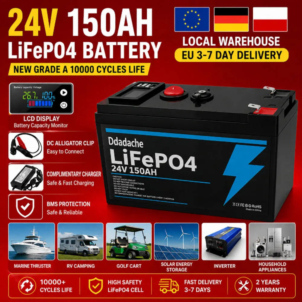 Batterie LiFePO4 24V 150Ah améliorée avec BMS 200A intégré, 8000+ cycles, idéale pour camping-car, solaire, marine, overland/van
