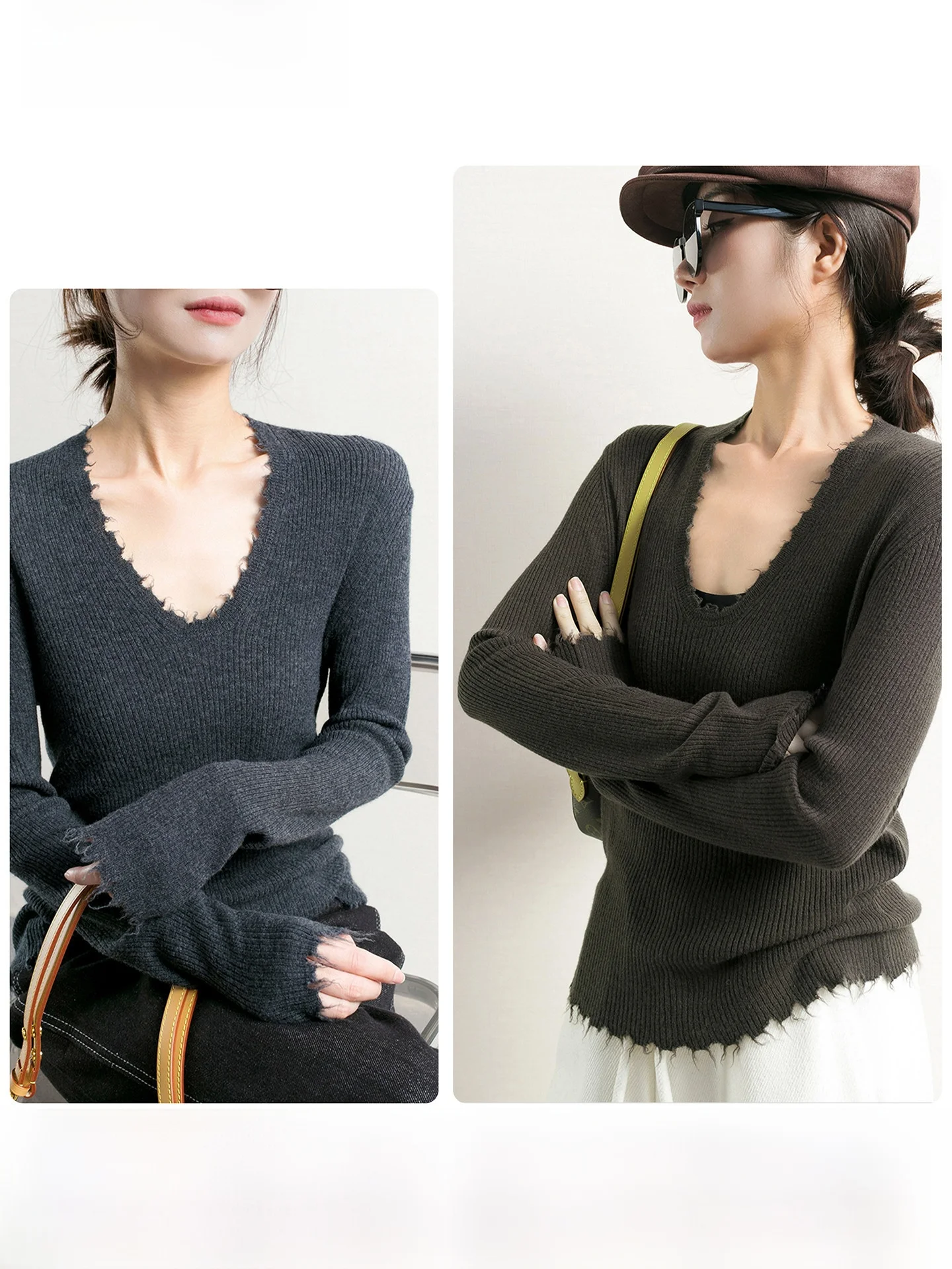 

TidePA Women's Long Sve Knitted Wool Sweater V-Ne Slim Fit Base irt Soft Warm Casual Sle Pure Color Spring Autumn