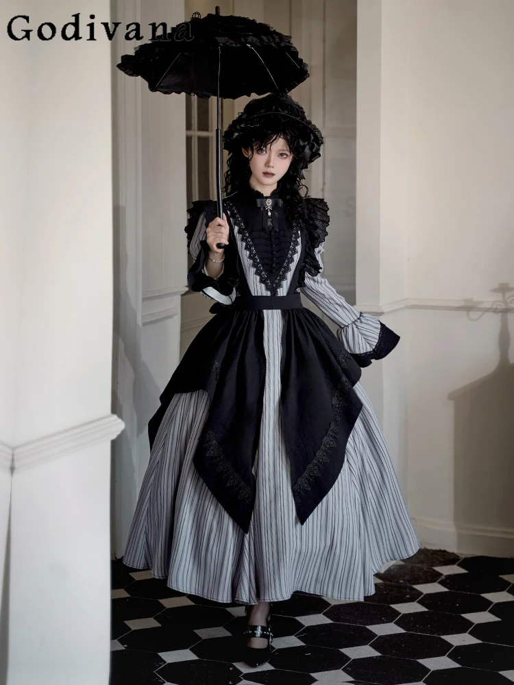 

New Gothic Elegant Lolita Nun Long Short Op Stand-up Collar Dress Sweet Girls Striped Long Sleeves A-line Temperament Dresses