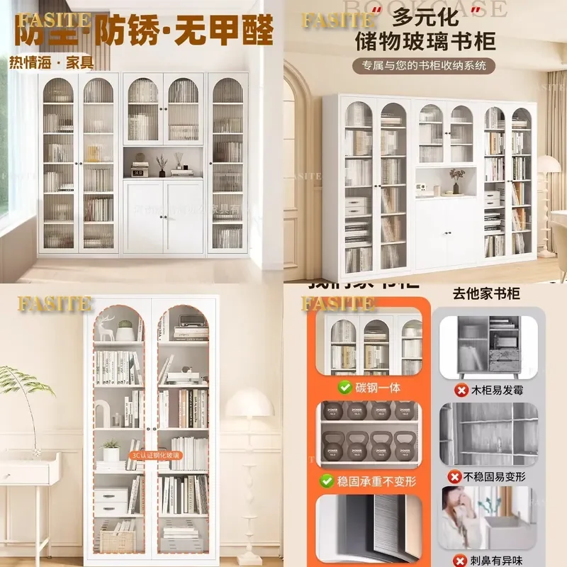 For Steel Bookcase Dust-proof Glass Door Bookshelf Living Room Study Cabinet Multi-layer Lattice Locker Whole Wall Minimalist