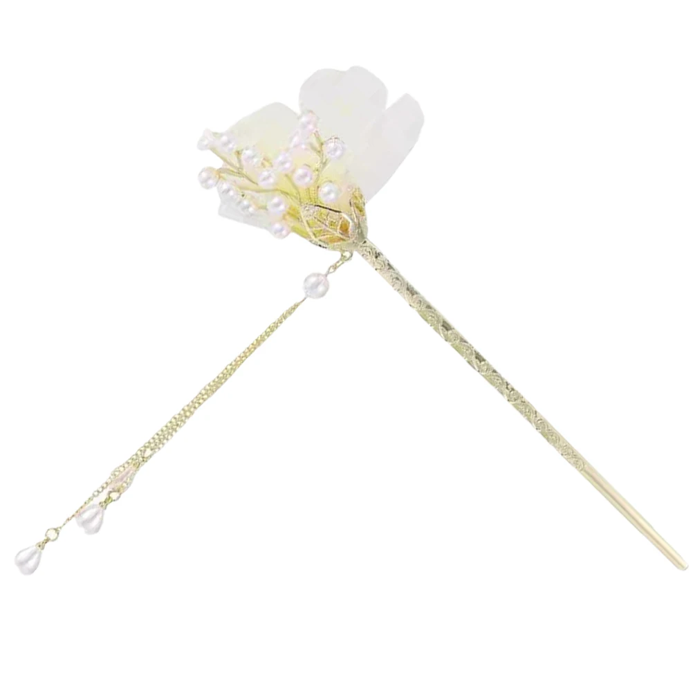 

Fabric Flower Pearl Tassel Hair Sticks Vintage Accessories Women Hairstyling Tools Long Elegant Decorative Wedding Birthday