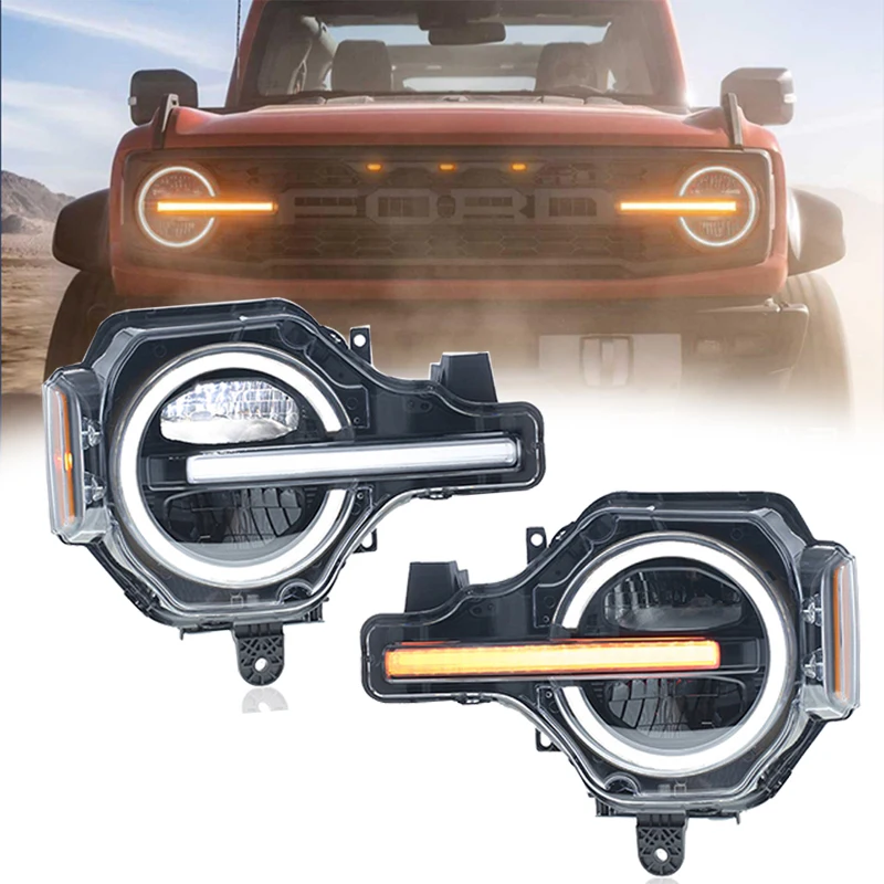 

New Car Accessories For 2021 2022 2023 Ford Bronco Front Headlight Hi/Lo Beam Sequential Start-up DRL Turn Signal LED Headlights