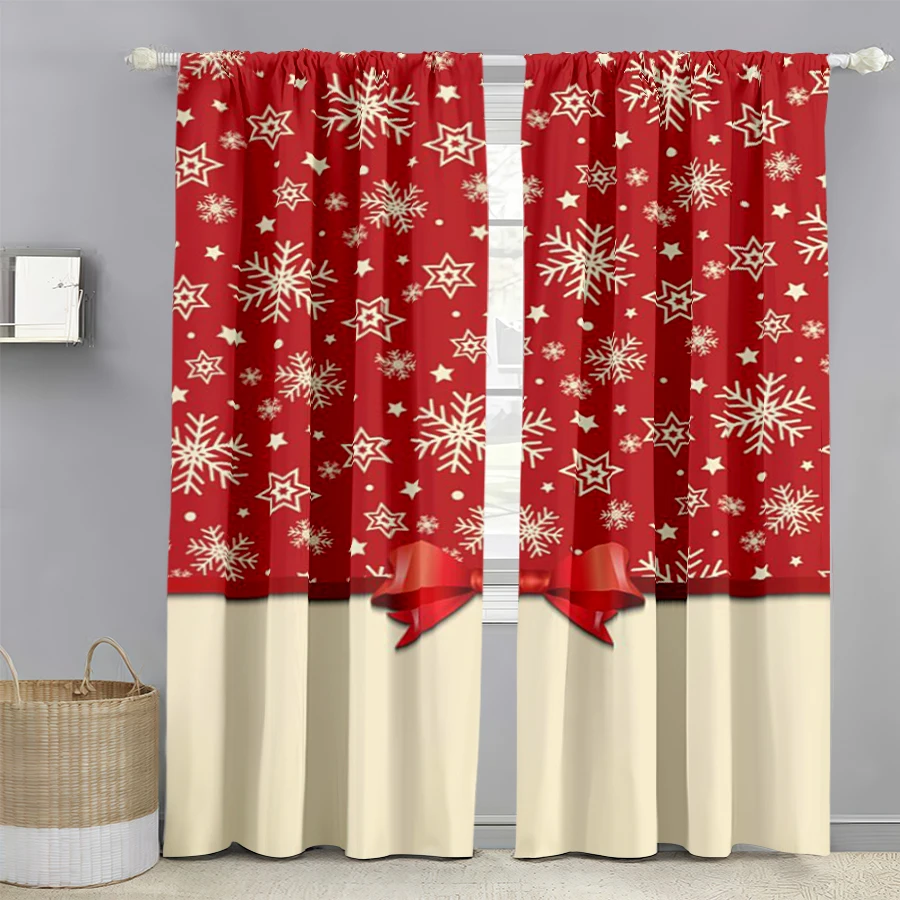 2PCS Digital Print Christmas Curtains, Red Snowflake Star Bow Beige Hem, Elegant Gift Window Drapes for Holiday Home Decor