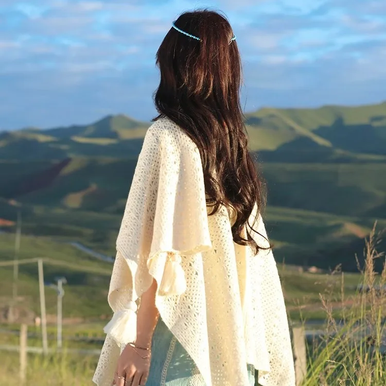 Cape Vintage Etnische Vakantiestijl Gebreide Kwastje Sjaal Vest Damesmantel Dunne Stijl Kleine Sjaal Kwastje Buitenste Kanten Poncho A