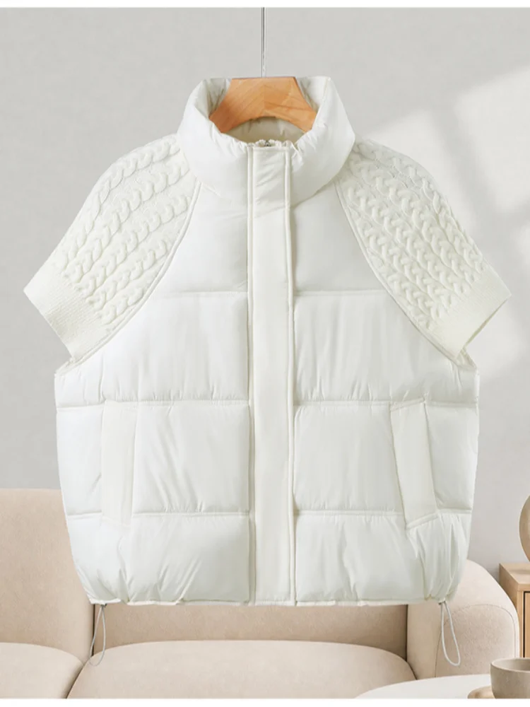 Damen Gestrickte Patchwork-Weste mit Stehkragen, Ärmellos, Reißverschluss, Kurz Geschnitten, Locker Sitzend, für Layering, Oberbekleidung 2026, Warme Winterjacke für Damen – Detail 6