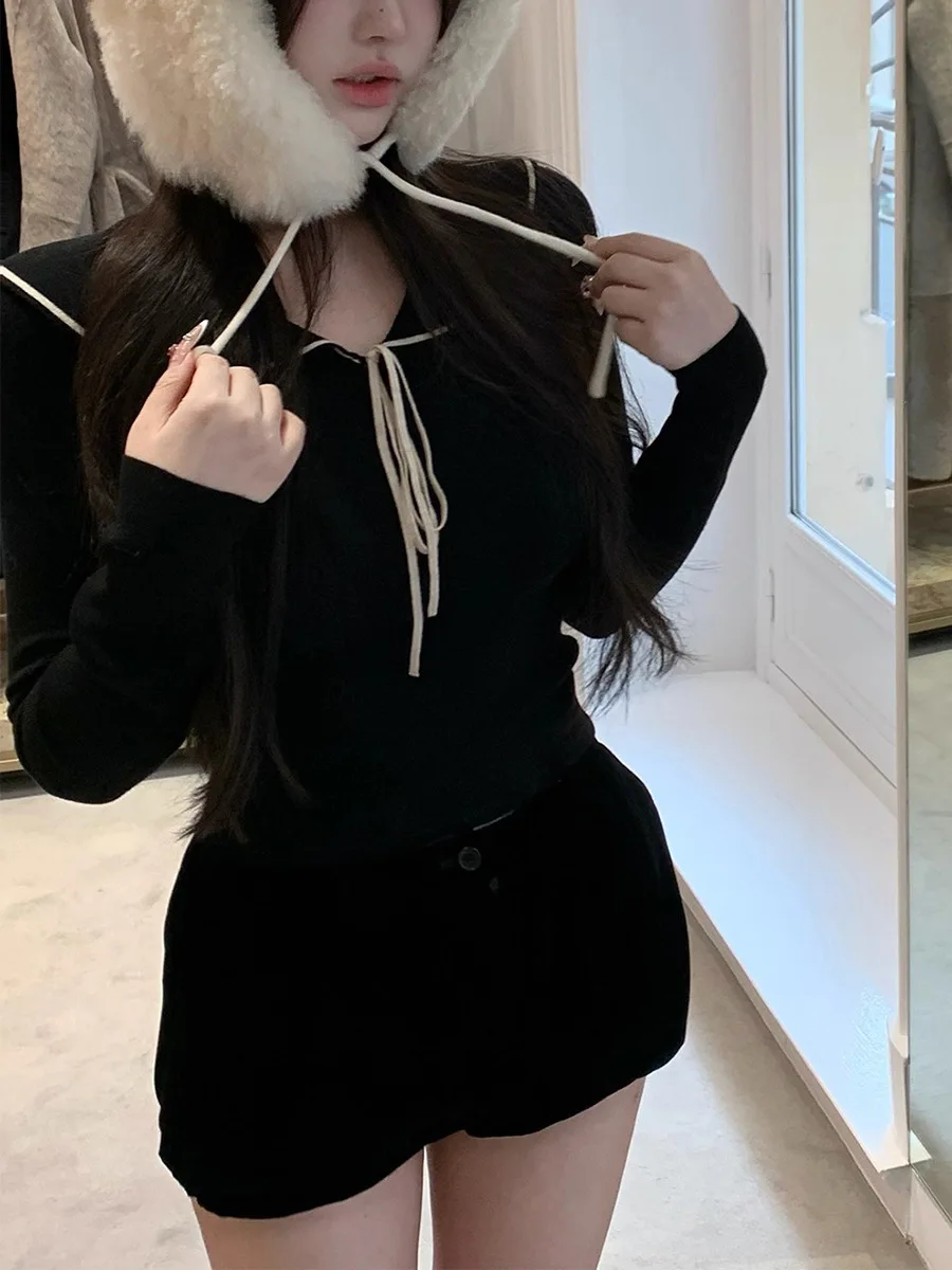 

Minimalist Navy Collar Long Sleeve 100 Wool Knitted Sweater Wrap around Skirt Two Piece Set Women's Fashion Winter Collection