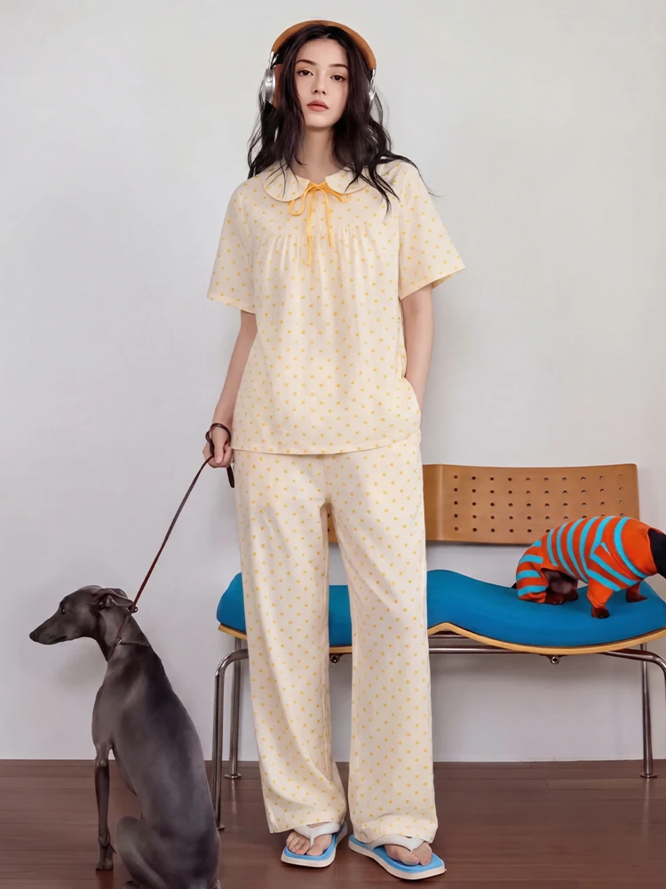conjunto-de-pijama-casual-de-verano-para-mujer-manga-corta-y-pantalon-largo-diseno-de-puntos-transpirable-coleccion-waffle-town-2026