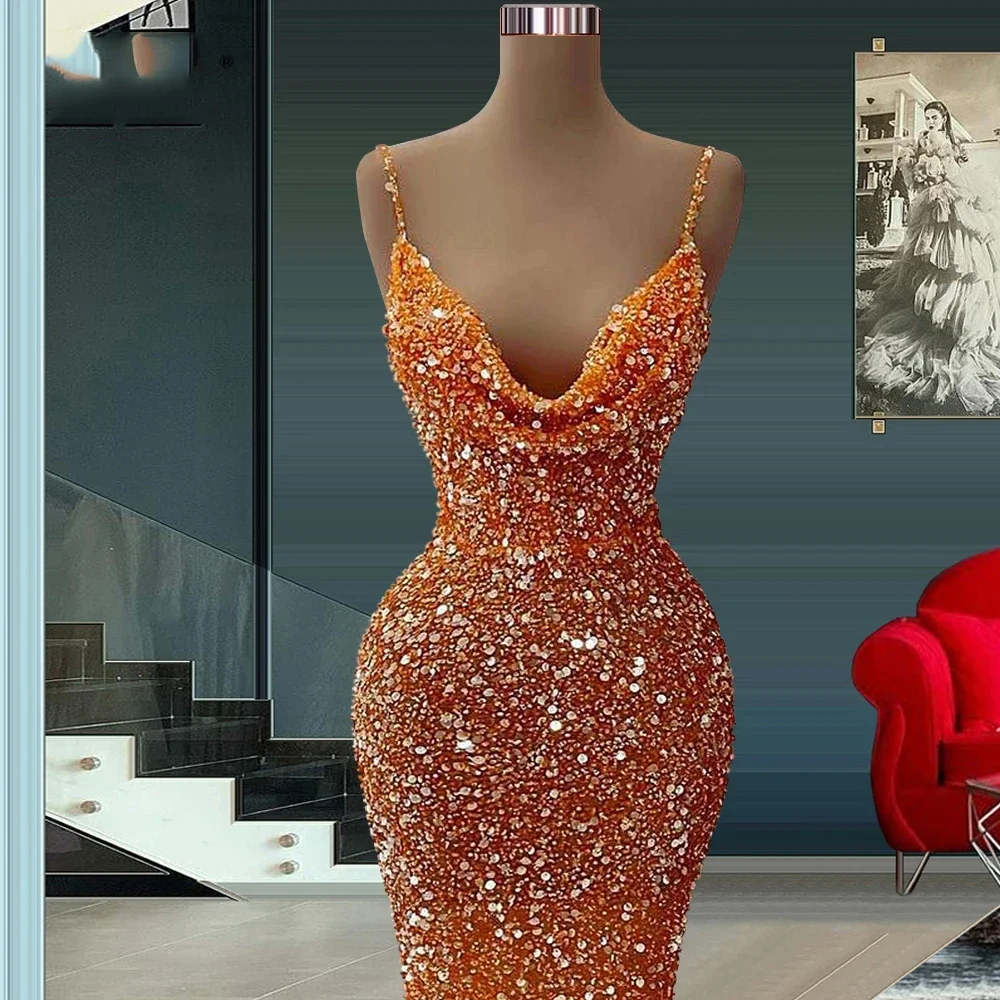 Orange Sparkling Mermaid Evening Dresses Women's V Neck Sleeveless Sequins Princess Prom Gowns Formal Party Robe customized