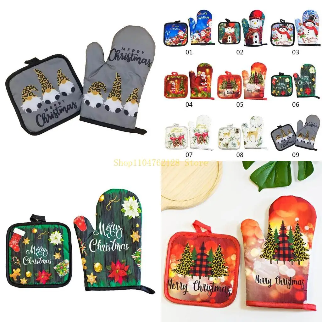 

Christmas Polyester Printing Oven Mitts and Pot Holders Set Non-Slip Surface Soft Cotton Lining for Cooking Grilling best sale