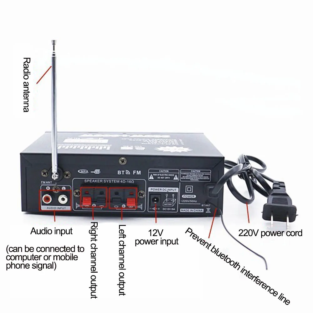 車のハイファイパワーアンプ,ステレオオーディオ,Bluetooth互換,FMラジオ,2チャンネル,ホームシアター,ミニアンプ,12v,220v,600w