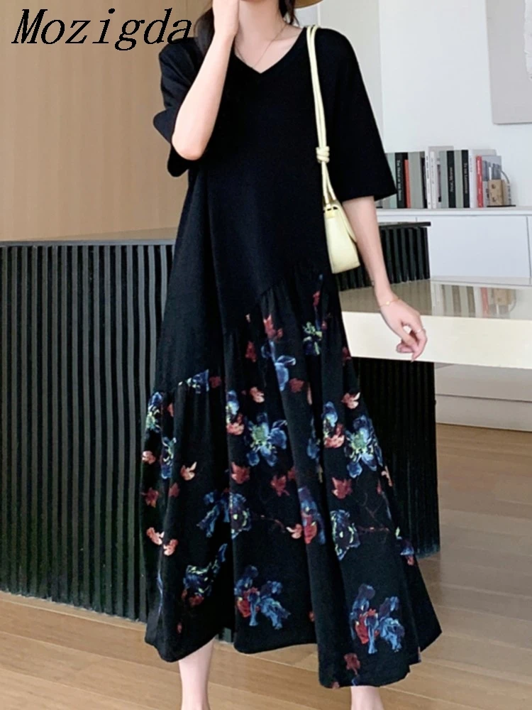 

Fake Two-piece Summer New Loose Plus Size Woman Dress Vestidos Robe Elbise Patchwork Chiffon Hem Long Dress Vestidos