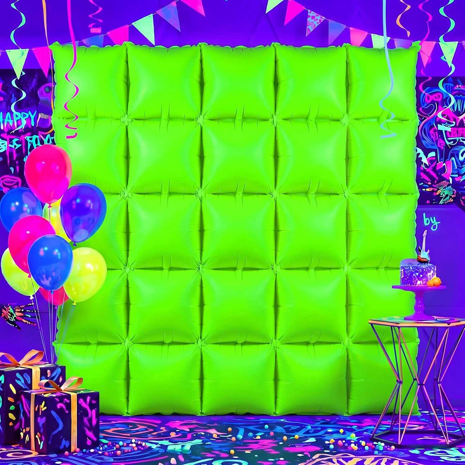 25 Pcs Glow in the Dark Foil Green Balloon Wall Backdrop, UV Reactive Neon
