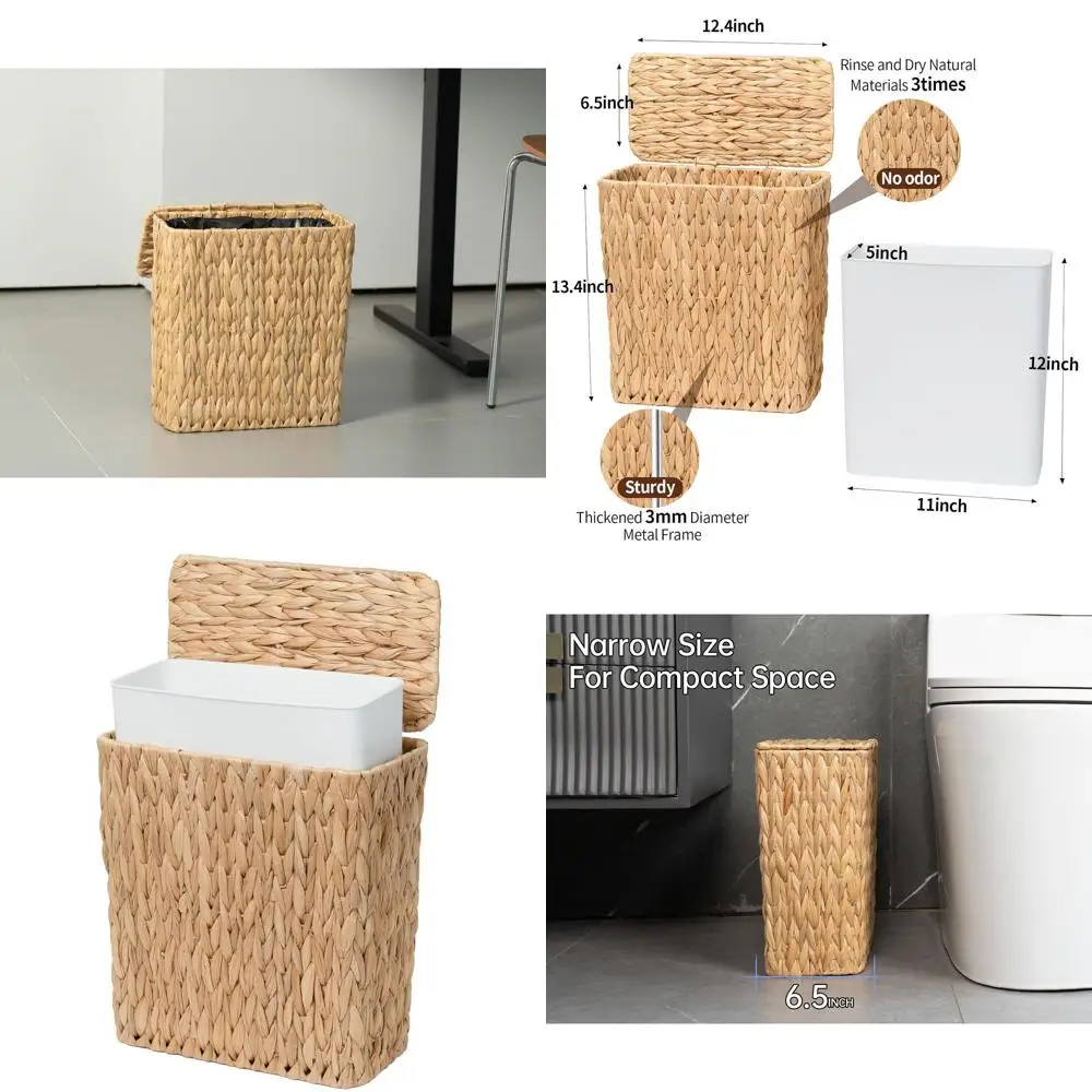 

3-Gallon Natural Water Hyacinth Wicker Trash Bin with Lid for Small Bathrooms and Toilet Spaces