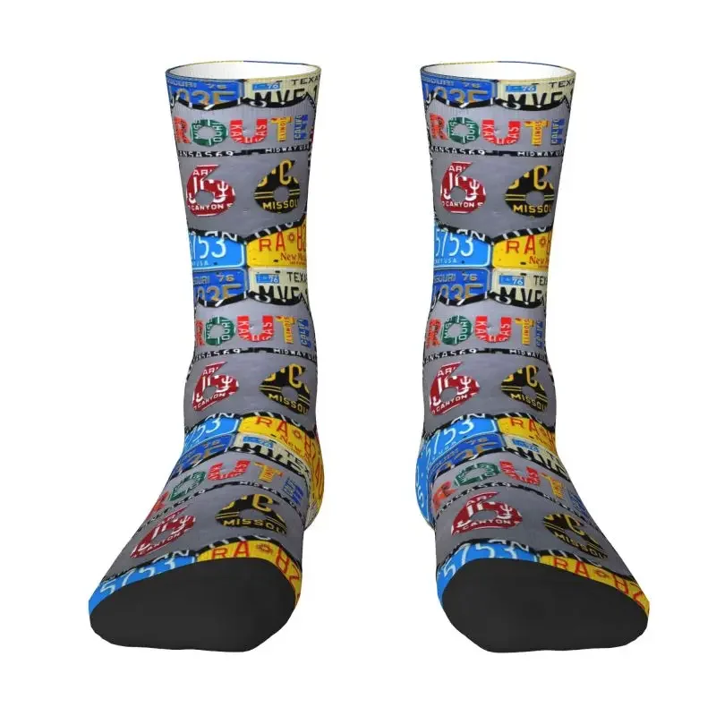 Cute Printed Route 66 License Plate Art Socks for Women Men Stretchy Summer Autumn Winter American Road Crew Socks