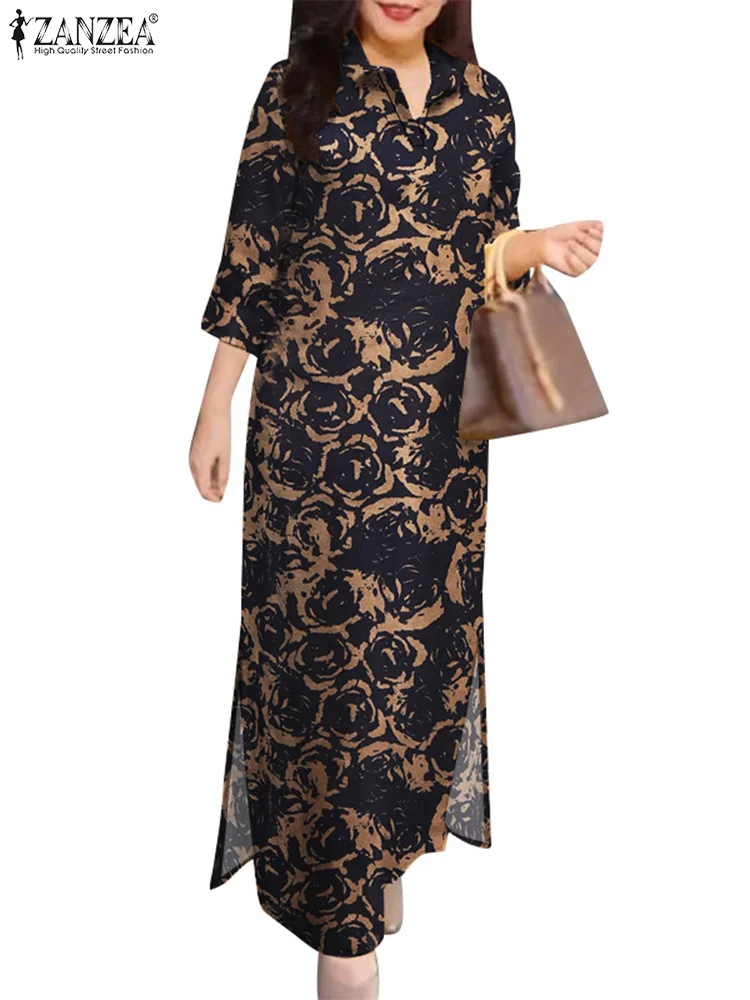 ZANZEA Floral Print Casual Long Vestidos Pure Cotton Vintage Slit Hem 2024 Fall Shirtdress 3/4 Sleeve Women Vacation Maxi Dress