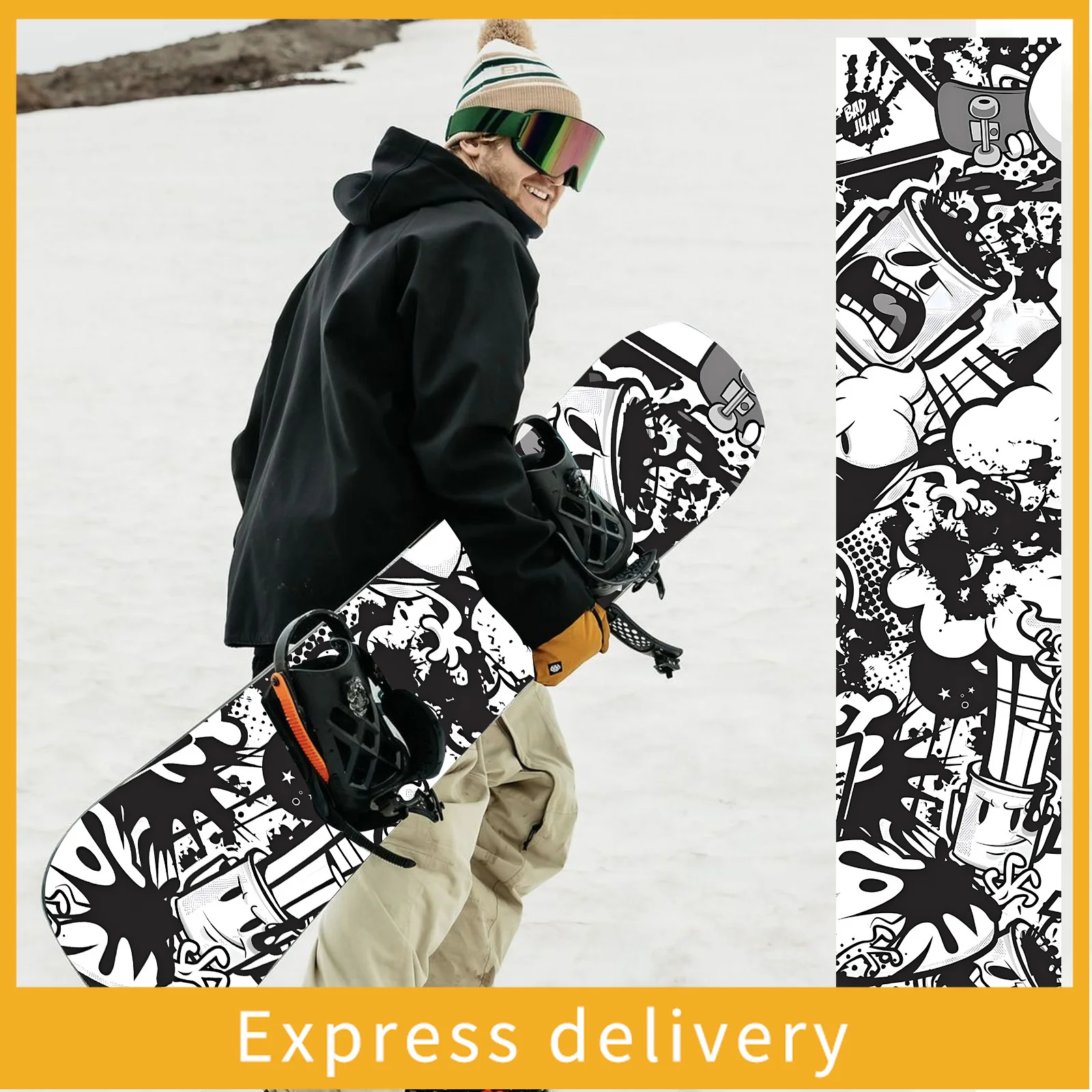 

1 large black and white graffiti wind snowboard sticker, personalized snowboard sticker, snowboard decorative sticker, creative