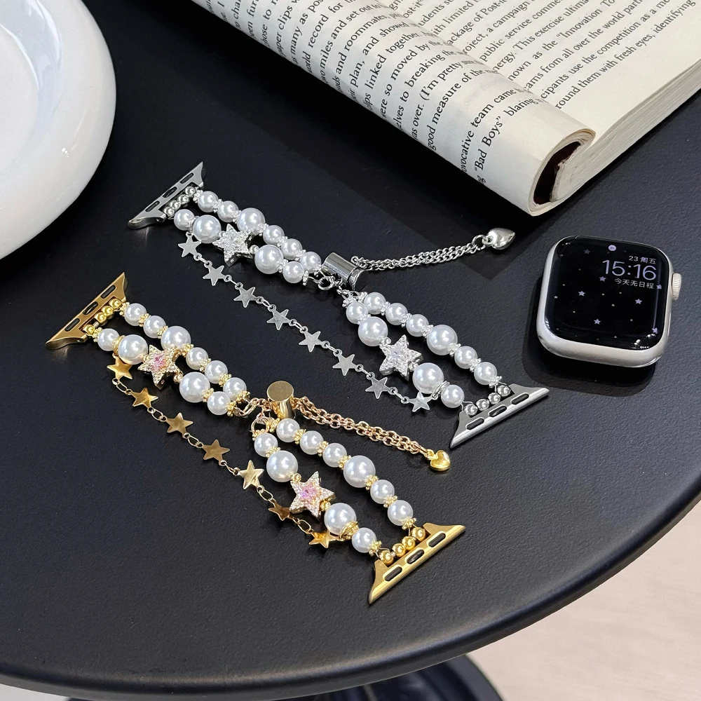 Luxury Lucky Star เพิร์ลโลหะสําหรับ Apple Watch Band 49 41 44 45 40 42 มม.ผู้หญิงเครื่องประดับนาฬิกาข้อมือสร้อยข้อมือสําหรับ iWatch 9 8 7 SE 6