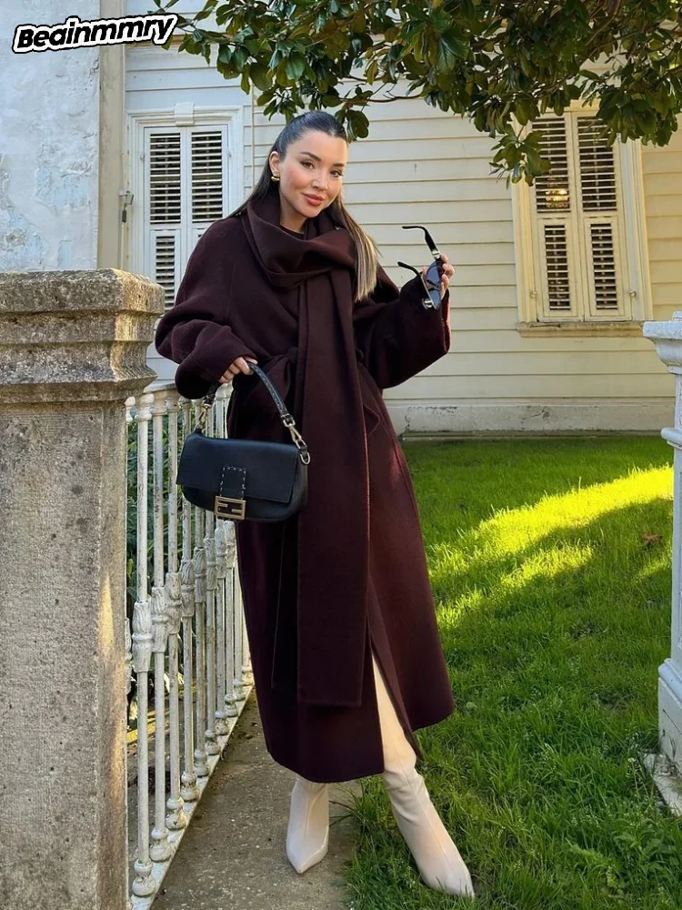 Fashion Burgundy Scarf Collar Wool Blend Overcoat Women Elegant Long Sleeve Belt Long Coat 2024 New Lady Chic Commute Outerwear