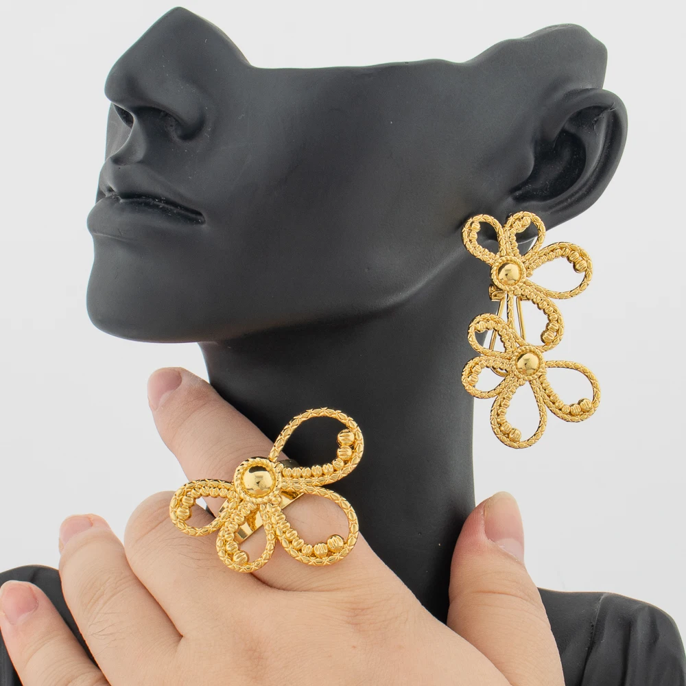 YM Modisches Damen-Schmuckset für Ohrringe und Fingerring, 2-teiliges Set, exquisite, ausgehöhlte Ohrringe, Ringschmuck 4