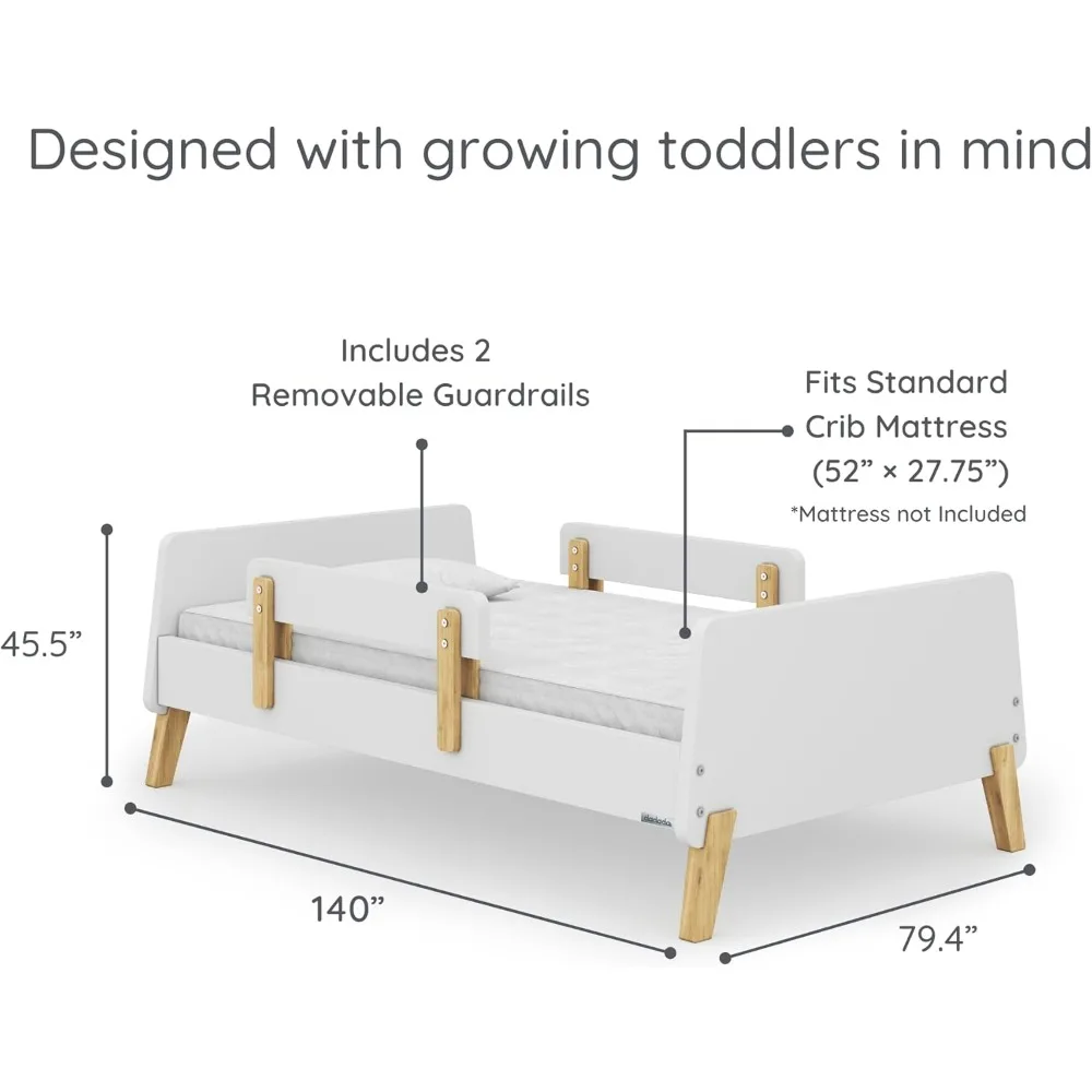 سرير أطفال مستوحى من مونتيسوري مع قضبان أمان قابلة للإزالة، تصميم منخفض المستوى، هيكل من الخشب الصلب، متوافق مع ستاندا