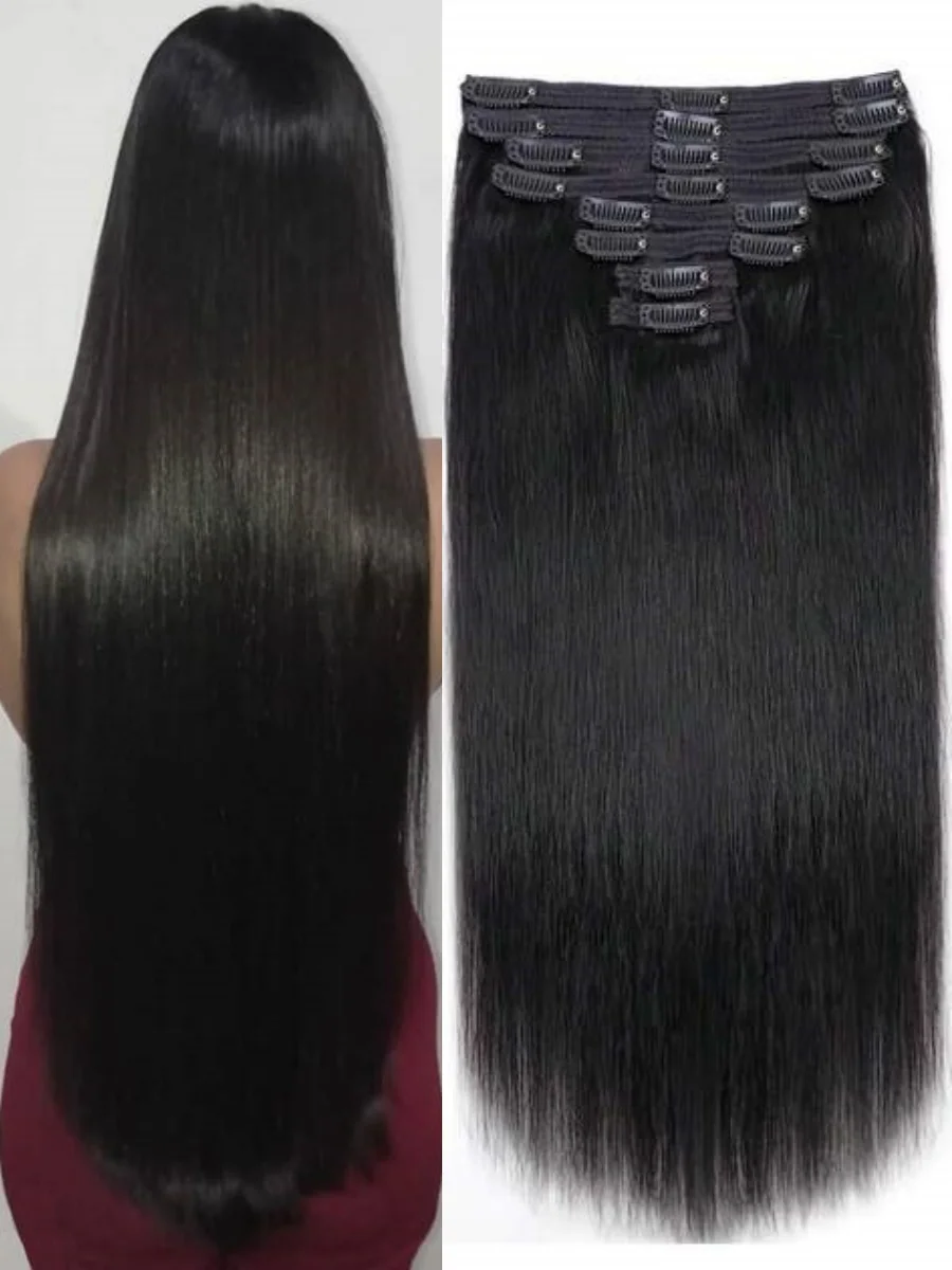 

Straight Human Hair Extensions 8 Pcs Clip In Hair Extension Natural Black 18 Clips Double Weft Affordable Remy Human Hair 28Inch