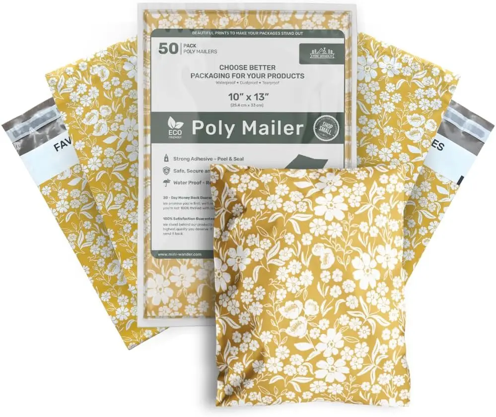 

50 Pack Poly Mailers 10x13 Inch, Self Sealing, Waterproof, Tear Resistant, Mustard Yellow Floral, for Clothing