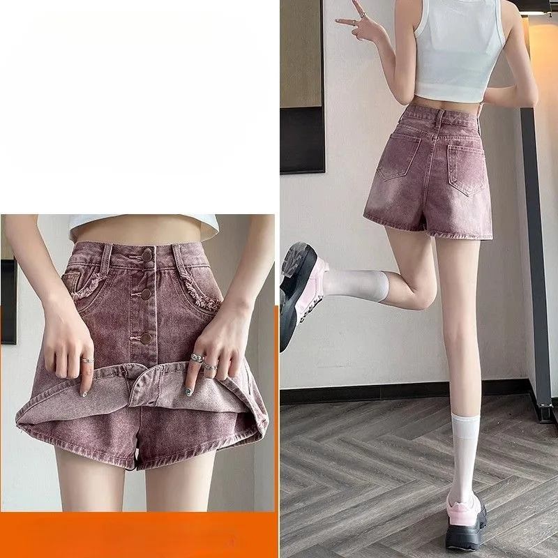 American Retro Jean Fabric Pants Skirt Summer High Waist Thin Small Women's Breasted Hip-wrapped Hot Girl Shorts A-line Culotte