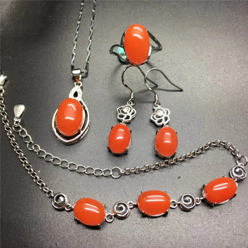 

Agate Nanhong Four-Piece Set With Box Pendant Bracelet Earrings Ring