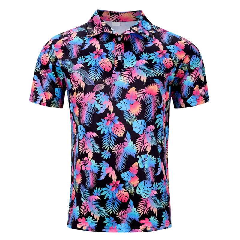 3D Printed Flower Leaf Flamingo Tree Polo Shirt Men Coconut Tree Neon Graphic Short Sleeves Fashion Loose Lapel Tops Street Tees