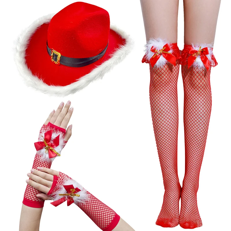 Women Cosplay Accessories Patchwork Cowboy Hat Fishnet Stockings and Gloves Christmas Photo Booth Props