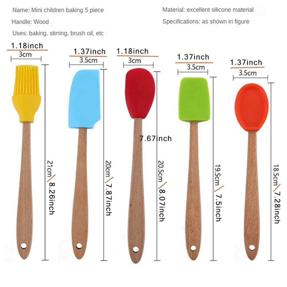 5 Pcs Silicone Small Spatulas Set Mini Spatula Wooden Handle Heat Resistant Spoon Scraping Spoon Baking Kitchen Utensils