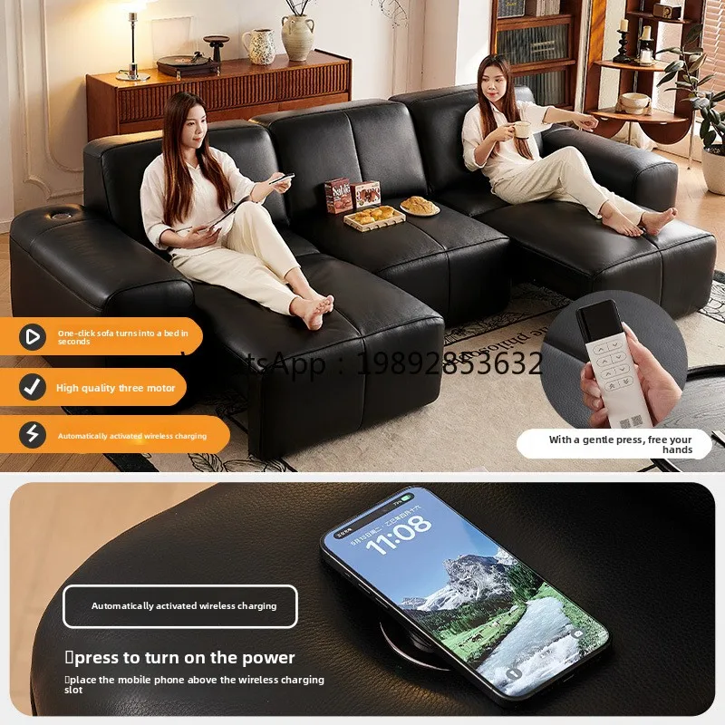 YFY Retro Living Room Electric Retractable Dual-use Sofa Zero Wall Charging Multi-functional Leather Big Black Cow Sofa Bed