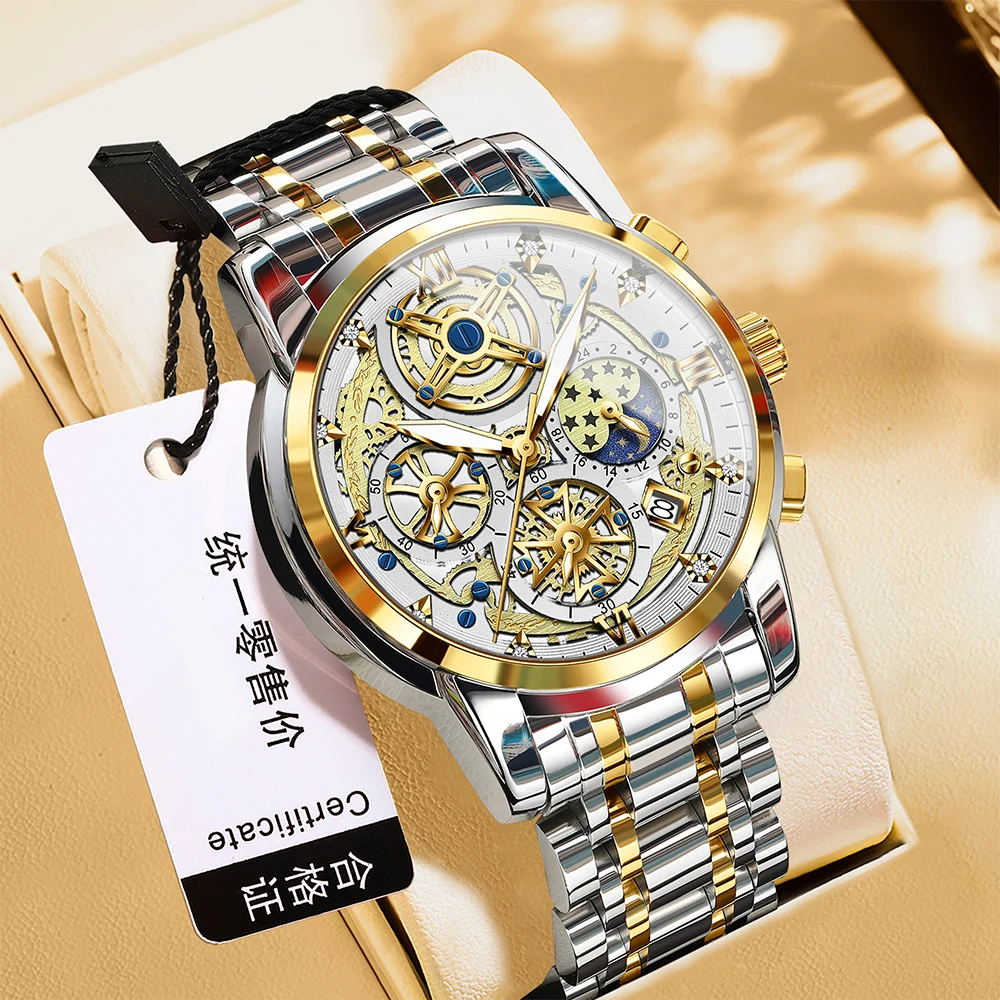 빈본드 남성용 명품 시계 오리지널 방수 야광 날짜 표시 남성 시계 크로노그래프 스테인리스 스틸 쿼츠 남성 시계 레로즈