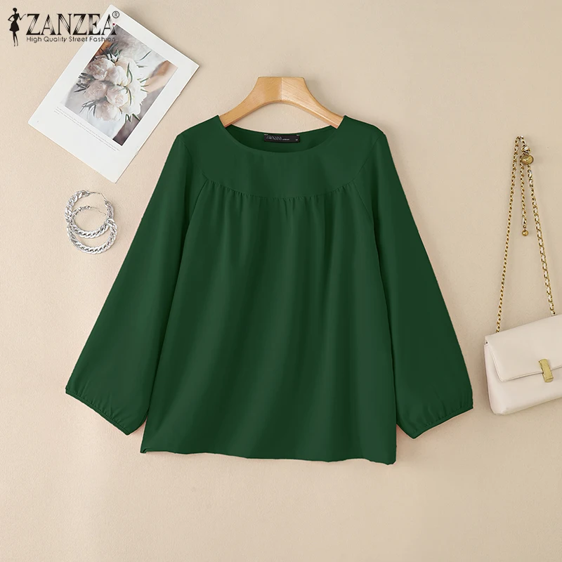 بلوزات نسائية مجمعة من ZANZEA بلوزات غير رسمية برقبة دائرية وأكمام واسعة وبلوزات يومية للخريف بلوزات فضفاضة متينة كبيرة الحجم #4