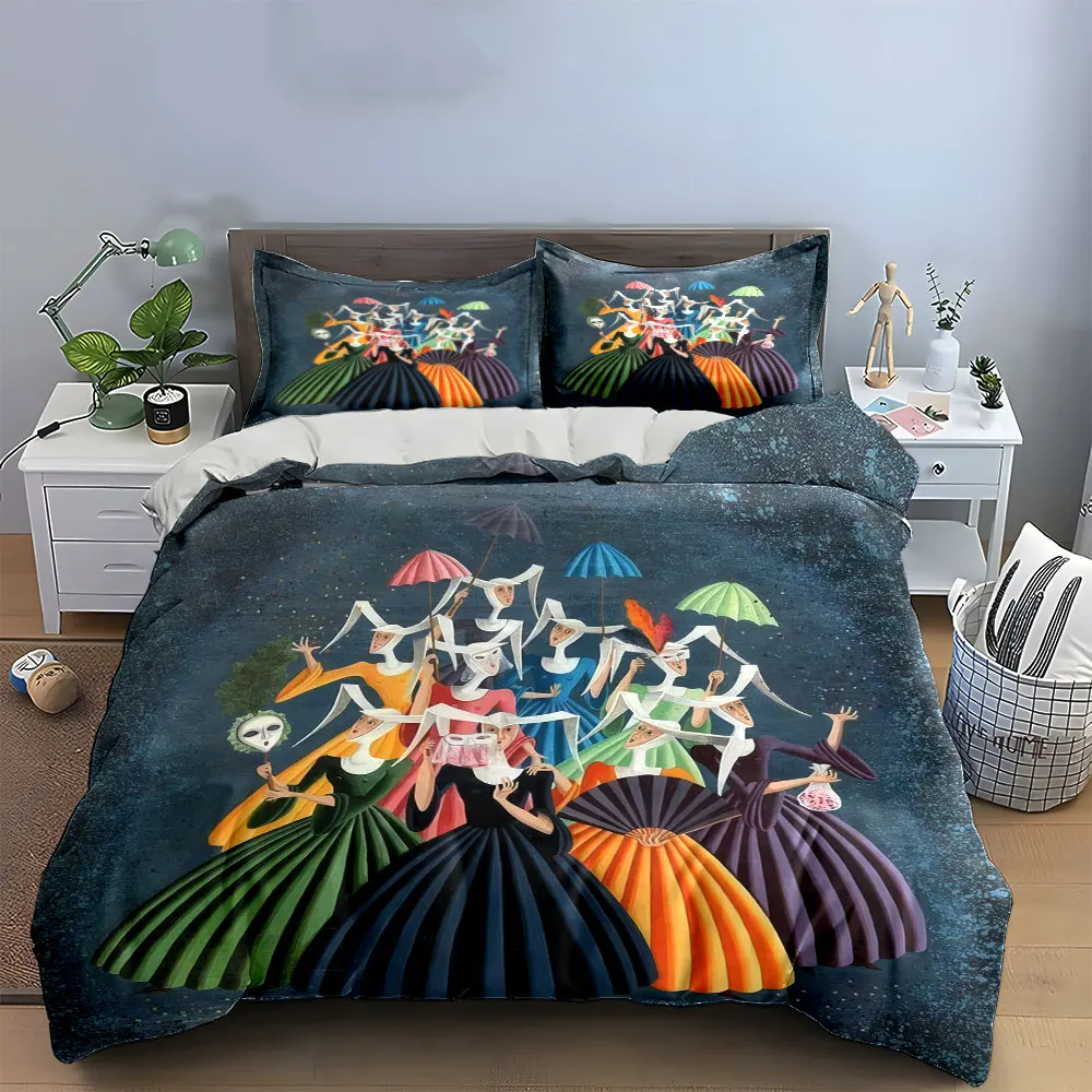 Vintage Carnival Mask Ladies Oil Painting Duvet Cover Set, Retro Venetian Art Bedding Includes 1 Duvet Cover And 2 Pillowcase