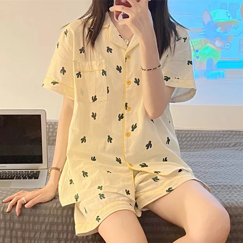 

Cartoon Pajamas Women Cardigan Short Sleeve Ladies Casual Fashion Outerwear Home Clothes Two-piece Set