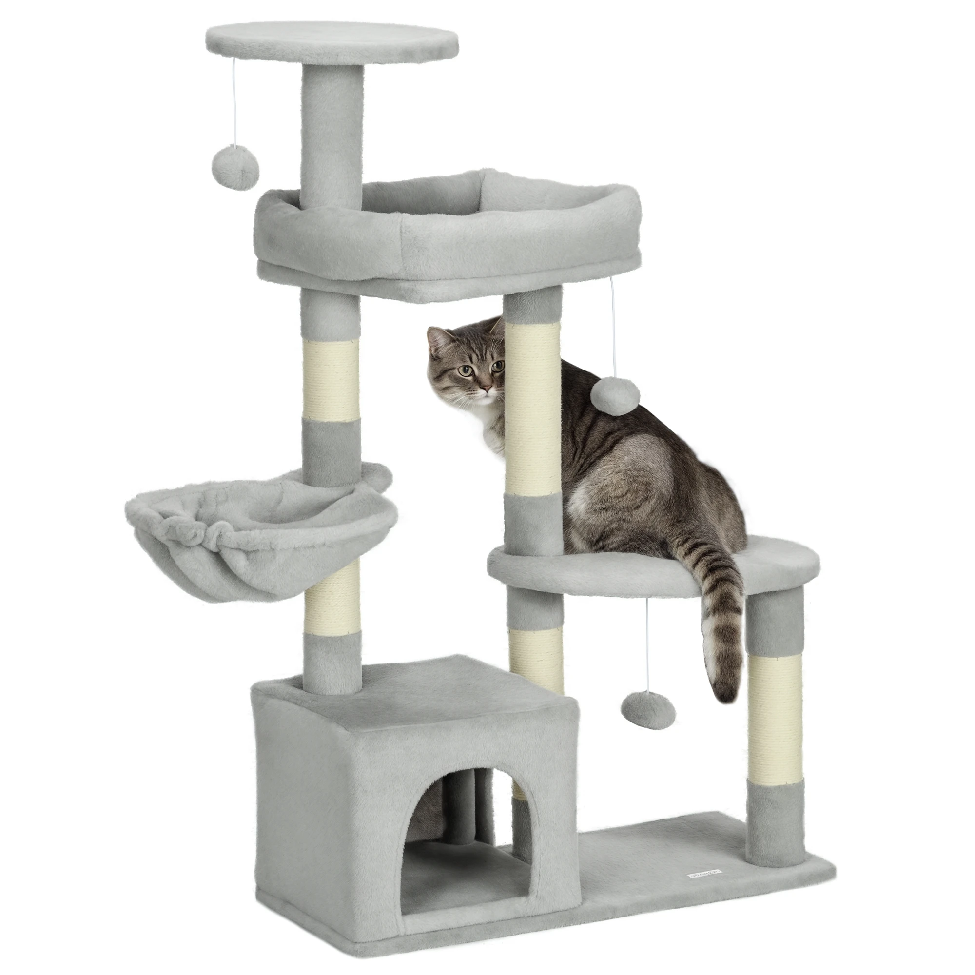 Rascador para Gatos Altura 104 cm Árbol para Gatos con Postes de Sisal Cueva Plataformas y Bolas Colgantes Gris Claro
