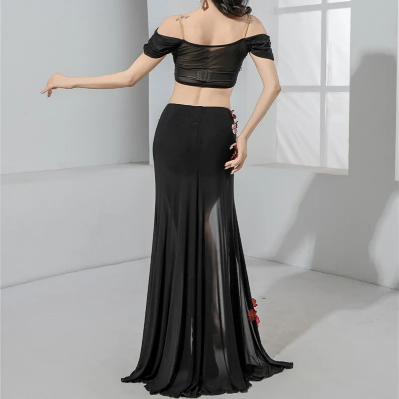 2025 Summer Bellydance Costume 2 Piece Long Skirt Short Shoulder Off Sleeve 3D Flower Team Dance Oriental Gauze Top Sexy Stage