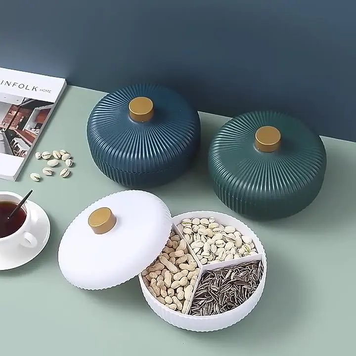 

Round dried fruit plate, household living room coffee table storage for snacks and candy, divided with lid, 3-piece set